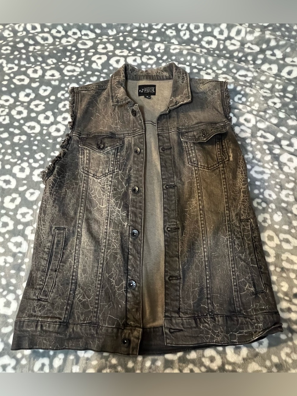 RUDE Black Crackle-Effect Sleeveless Denim Vest